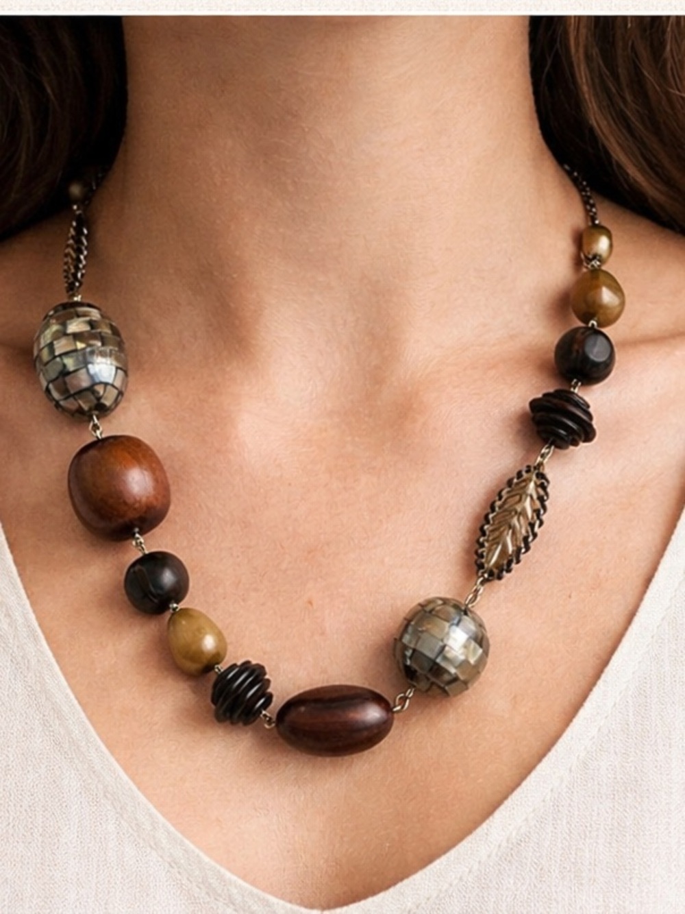 Boho Wood & Shell Beaded Chunky Necklace with Leaf Accent Toggle Clasp